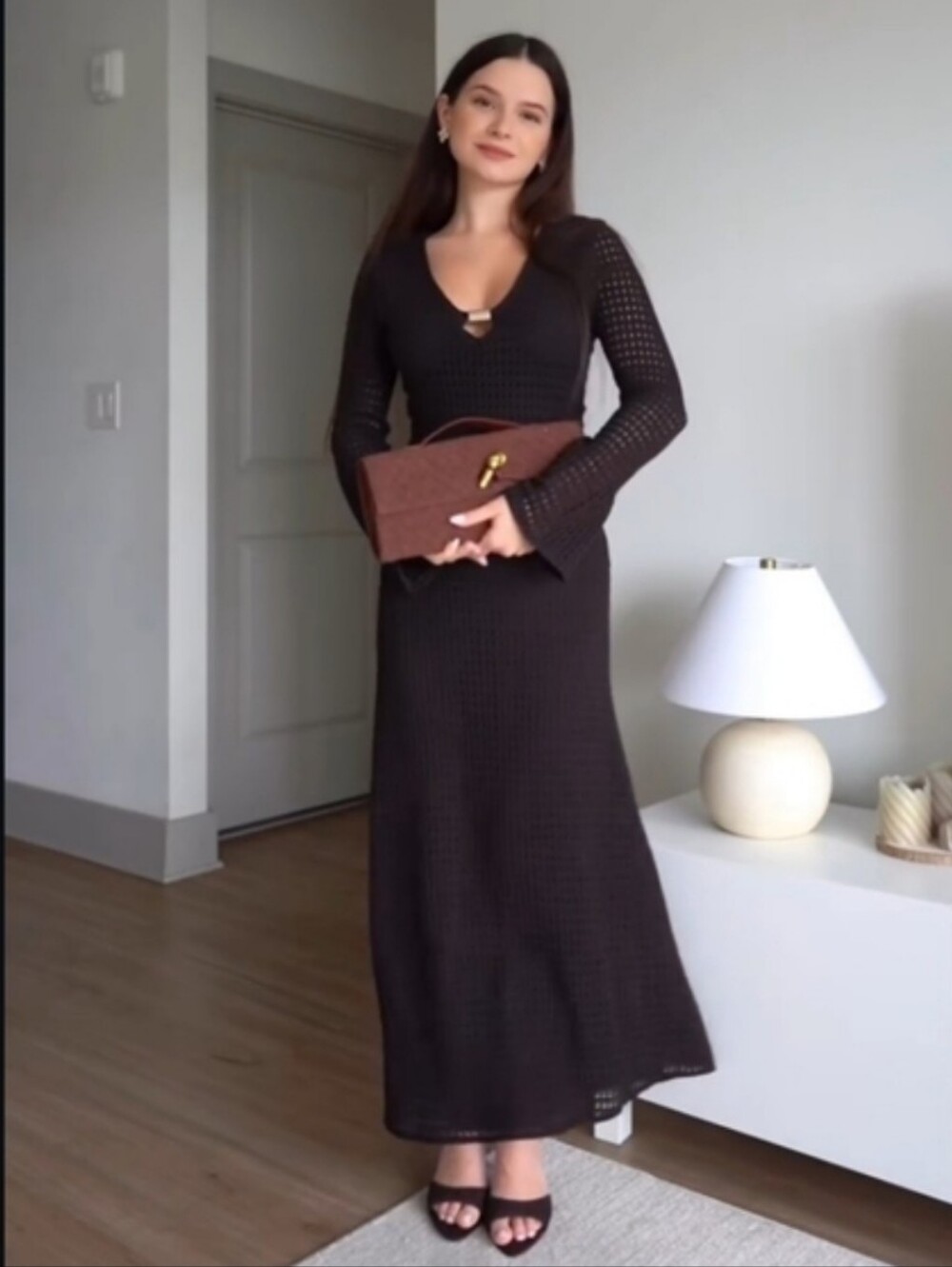 Zara Crochet Midi V-Neck Knit Brown Dress Size S